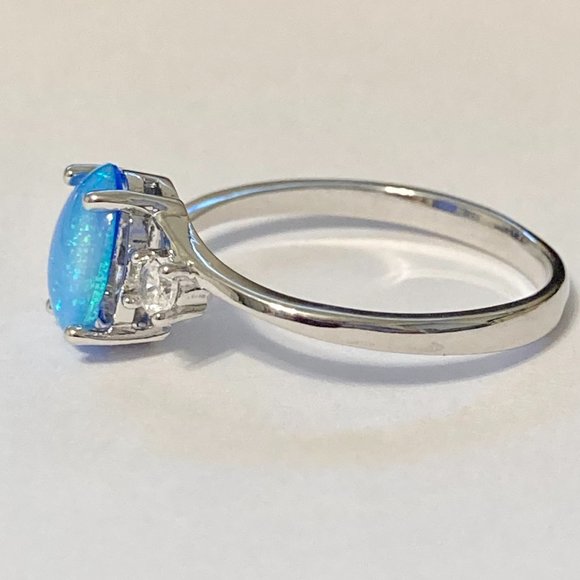 Opal Stone Ring Solitaire Silver Plated Simulated Blue Oval Cut Size 7 8 9 11 - Picture 7 of 11